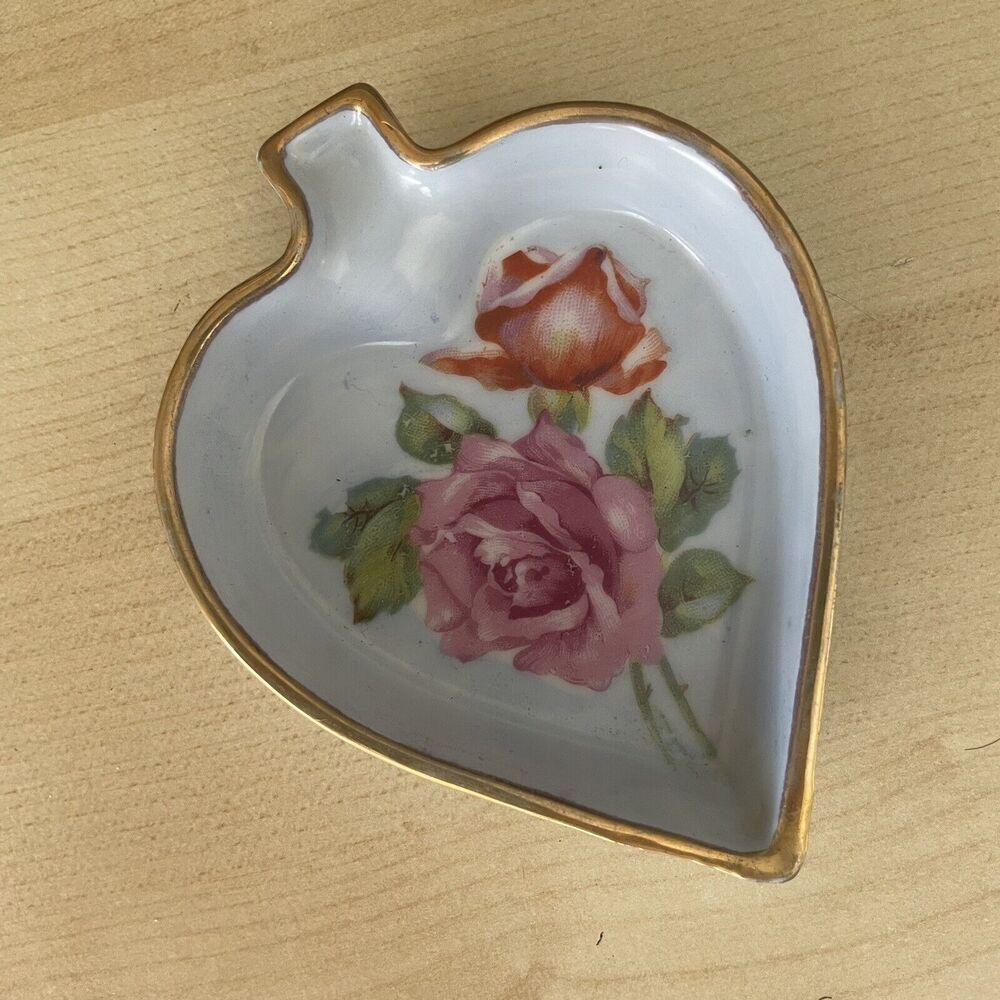 Lenwile Ardalt Japan Hand Painted Heart Leaf Dish China‎ W Gold Rim Floral Roses